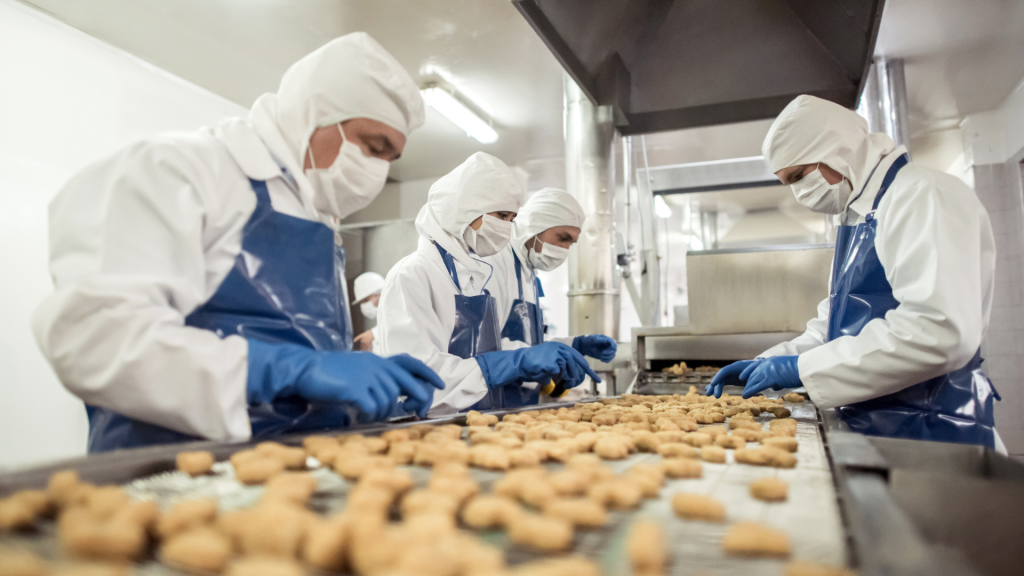 Trabalhadores em uma linha de produção de alimentos