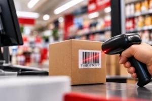 Leitor de código de barras escaneando uma caixa