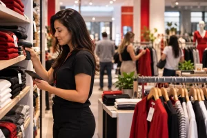 Mulher verificando produtos em loja de roupas